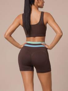 SHEIN BAE Women Dark Brown Seamless High Waist Shorts Gym Workout Training Running Yoga Athletic Activewear - Khaki - View 7
