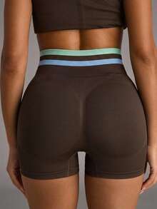 SHEIN BAE Women Dark Brown Seamless High Waist Shorts Gym Workout Training Running Yoga Athletic Activewear - Khaki - View 2