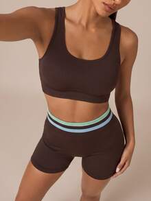 SHEIN BAE Women Dark Brown Seamless High Waist Shorts Gym Workout Training Running Yoga Athletic Activewear - Khaki - View 3