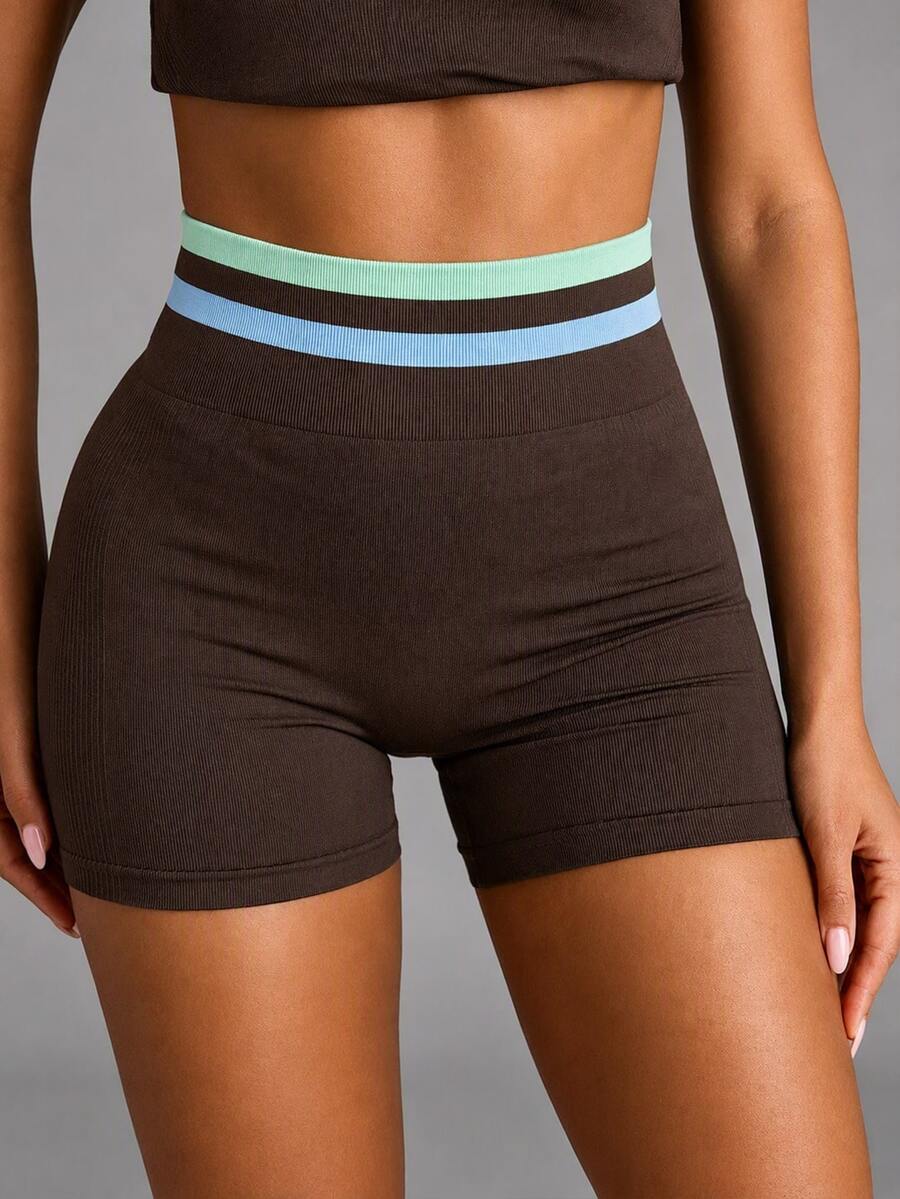 SHEIN BAE Women Dark Brown Seamless High Waist Shorts Gym Workout Training Running Yoga Athletic Activewear - Khaki - View 1