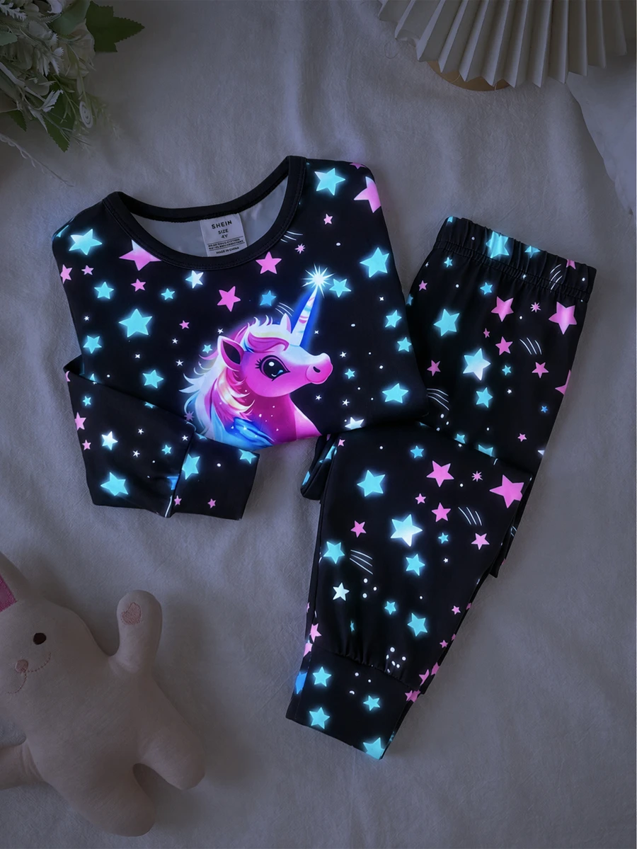 SHEIN 女童 1件裝 反光星系印花睡衣上衣與睡褲套裝 - 彩色 - 查看 1
