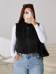 Solflare Plus Size Women's Zipper Front Casual Fleece Vest Jacket Winter - Black - View 7