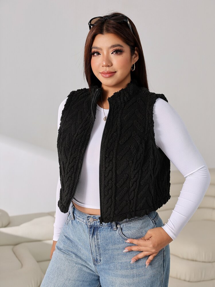 Solflare Plus Size Women's Zipper Front Casual Fleece Vest Jacket Winter - Black - View 3