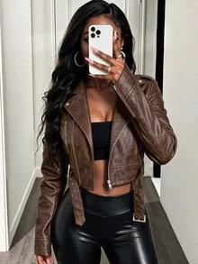 BamGleam 女款復古街頭風搖滾皮革短夾克，大領口、拉鍊與腰帶設計，咖啡棕色，適合夜生活與外出，秋季穿搭 - 棕色 - 查看 6