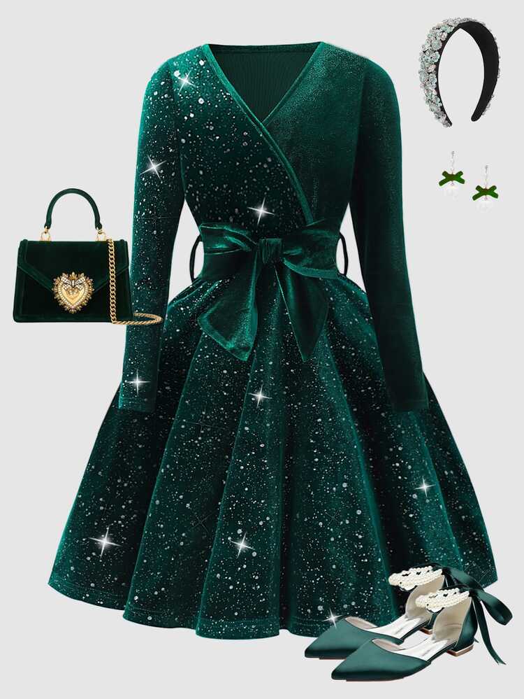 SHEIN Sparklyn Tween Girls Sparkly Velvet Wrap Party Dress V‑Neck Long Sleeve Self‑Tie Bow Waist A‑Line Swing Dress For Holiday Formal Occasions - Dark Green - View 3