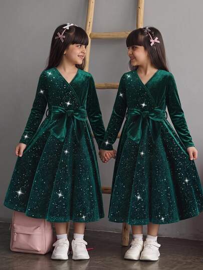 SHEIN Sparklyn Tween Girls Sparkly Velvet Wrap Party Dress V‑Neck Long Sleeve Self‑Tie Bow Waist A‑Line Swing Dress For Holiday Formal Occasions