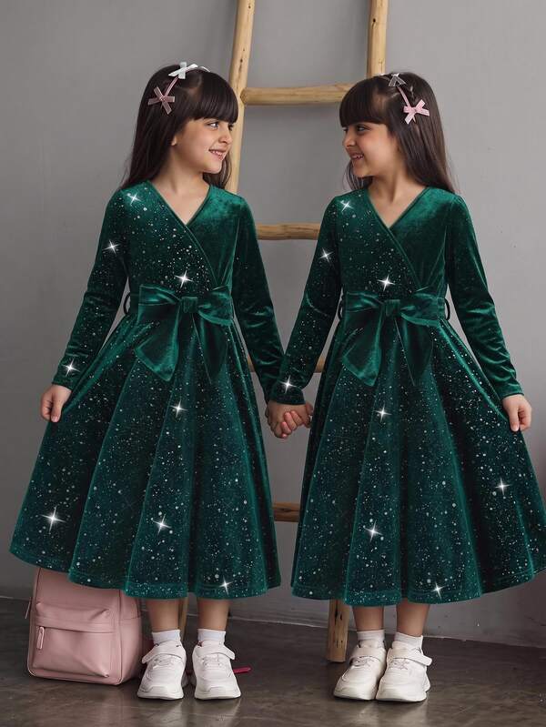 SHEIN Sparklyn Tween Girls Sparkly Velvet Wrap Party Dress V‑Neck Long Sleeve Self‑Tie Bow Waist A‑Line Swing Dress For Holiday Formal Occasions