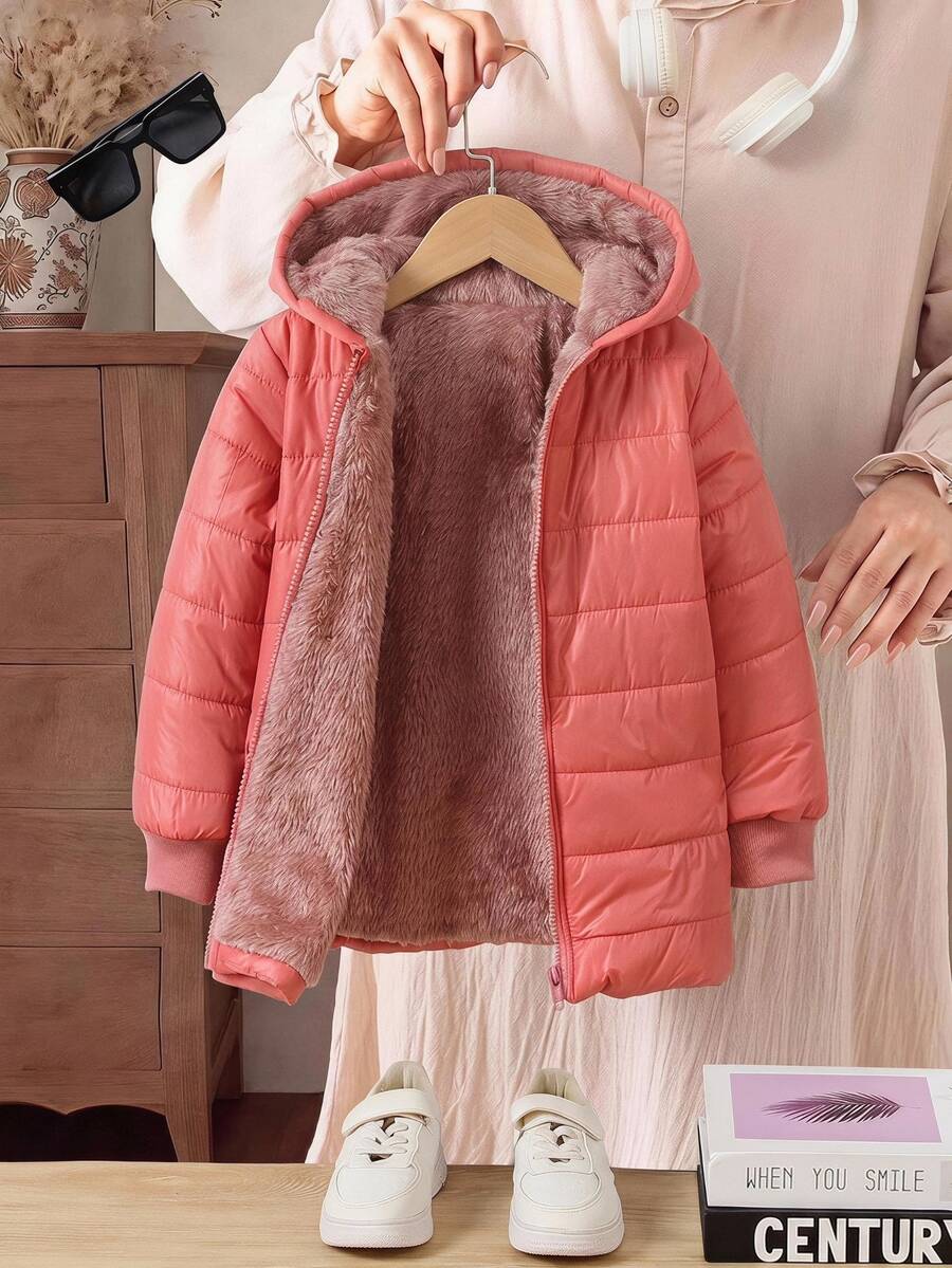 SHEIN Elladie kids Young Girl Casual Thickened Quilted Hooded Zip-Up Jacket, Winter - Dusty Pink - View 1
