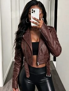 BamGleam 女款復古皮革短夾克，大翻領、拉鍊與腰帶設計 - 紅木色 - 查看 1