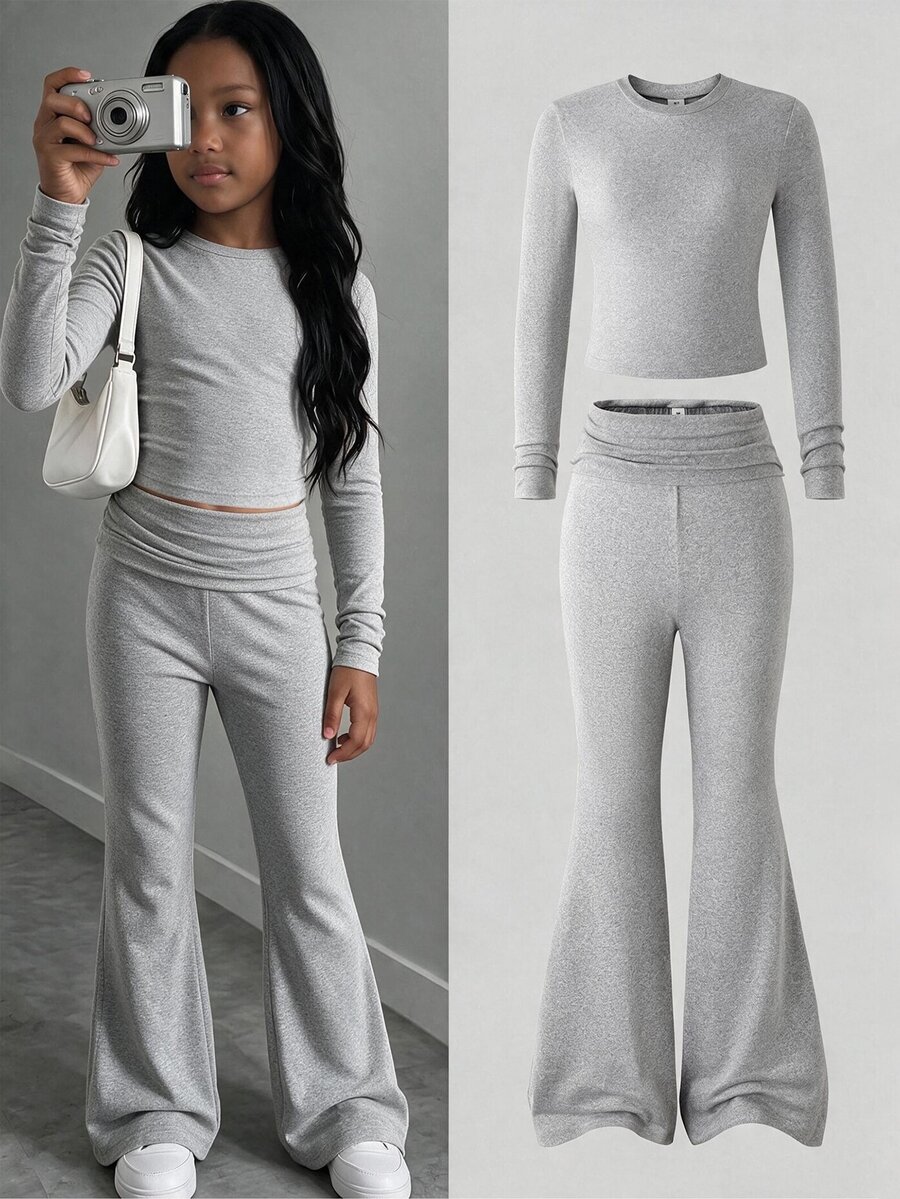Setelan 2 Potong Atasan Polos & Celana Panjang Model Micro Flare untuk Remaja Perempuan, Pakaian Kasual Minimalis Pinggang Tinggi, Setelan Olahraga Harian Rajut Lembut dengan Kerah Bulat - Grey - View 1