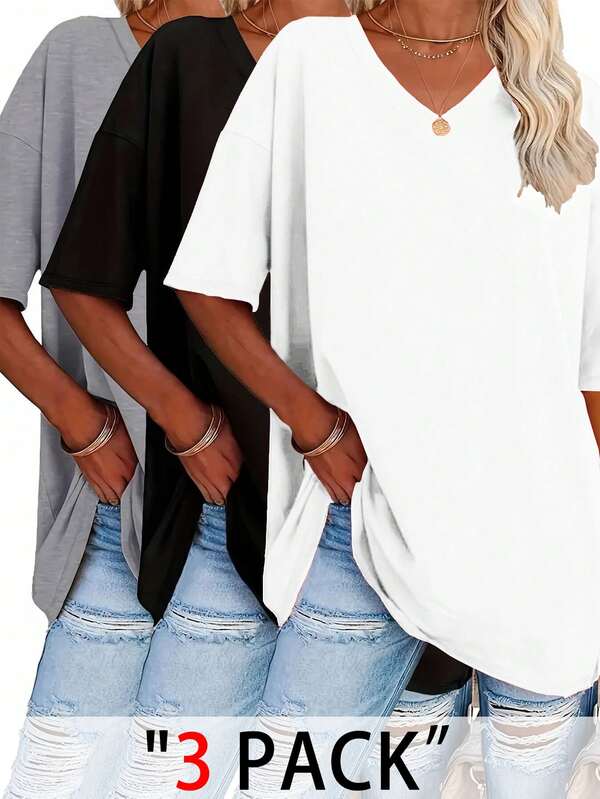 EMERY ROSE تي شيرت بأكمام قصيرة ذو لون واحد مقاس كبير، تي شيرت كاجوال بياقة V للصيف، ملابس نسائية مقاس كبير بطباعات جرافيك، بلوزات نسائية بأكمام قصيرة