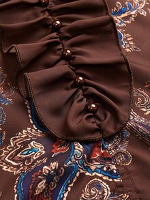 Breezaya Blus Wanita Musim Gugur/Dingin Terbaru Motif Paisley dengan Hiasan Ruffle, Cocok untuk Acara Brunch, Semua Nuansa Cokelat, Gaya Boho - Coffee Brown - View 4
