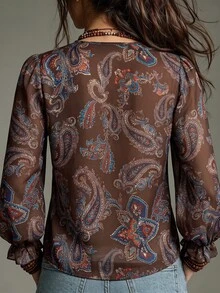Breezaya Blus Wanita Musim Gugur/Dingin Terbaru Motif Paisley dengan Hiasan Ruffle, Cocok untuk Acara Brunch, Semua Nuansa Cokelat, Gaya Boho - Coffee Brown - View 2