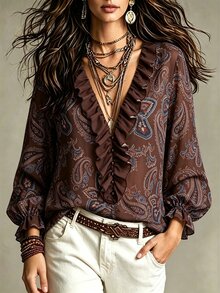 Breezaya Blus Wanita Musim Gugur/Dingin Terbaru Motif Paisley dengan Hiasan Ruffle, Cocok untuk Acara Brunch, Semua Nuansa Cokelat, Gaya Boho - Coffee Brown - View 3