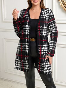TrendSteals 大尺碼女款優雅休閒復古格紋對比色印花前開襟薄款夾克外套 冬季大衣 2026秋季時尚 - 彩色 - 查看 6
