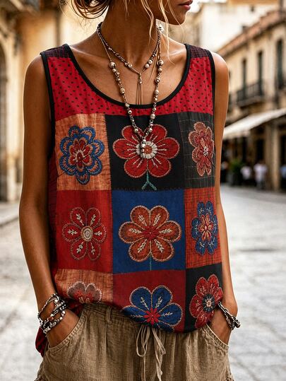 SHEIN Women's Summer Middle-Aged Round Neck Sleeveless All-Match Fit Digital Print Woven Fabric Casual Loose Top, Versatile For Daily Wear, Holiday, Vacation, Commute, Office, Rural Style