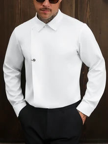 Manfinity Homme 男士長袖白色襯衫，飾有裝飾鈕扣，優雅休閒前開鈕扣領襯衫，適合城市短途旅行、度假、婚禮及其他場合 - 白色 - 查看 4