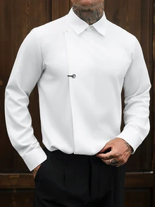 Manfinity Homme 男士長袖白色襯衫，飾有裝飾鈕扣，優雅休閒前開鈕扣領襯衫，適合城市短途旅行、度假、婚禮及其他場合 - 白色 - 查看 6