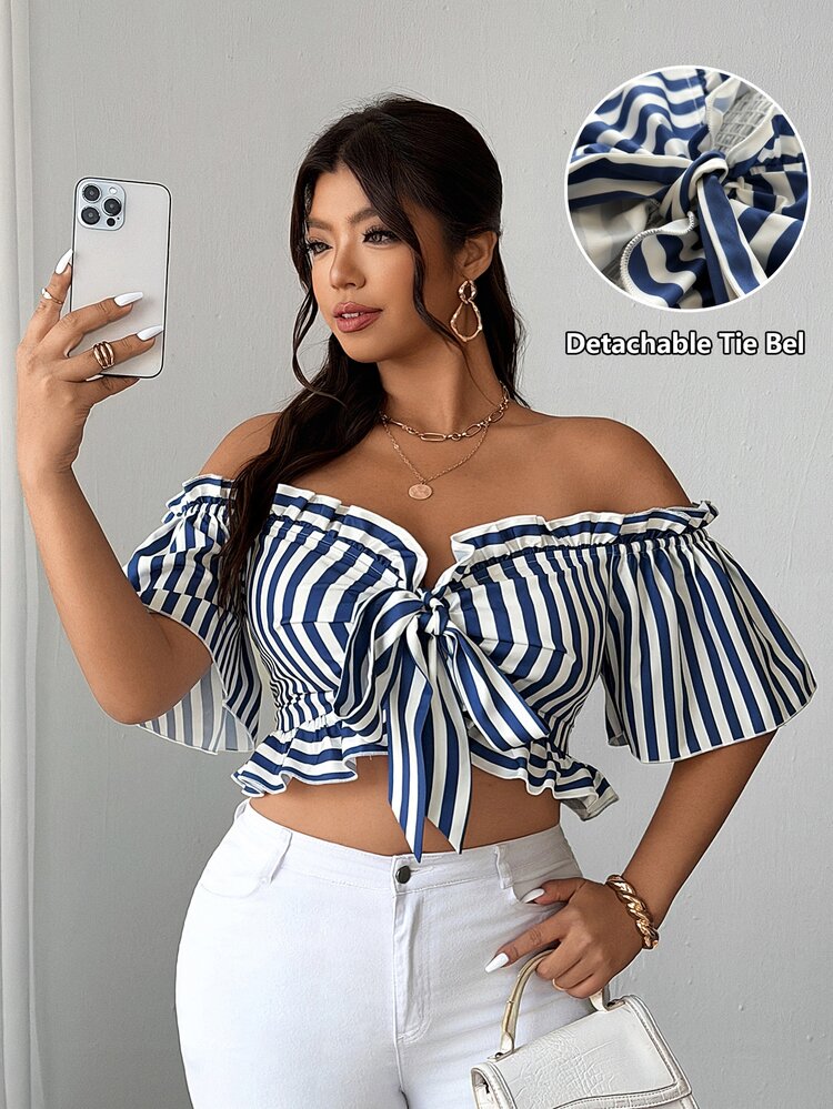 Elenzga Plus Size Women Boho Casual Summer Striped Print Minimalist Off-Shoulder Ruffle Hem Front Bowknot Decor Blouse Vacation Brunch Blue And White - Blue and White - View 1