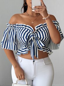 Elenzga 大尺碼女款波西米亞休閒夏季條紋印花極簡露肩荷葉邊下擺前領結裝飾襯衫 度假早午餐 藍白配色 - 藍白色 - 查看 3