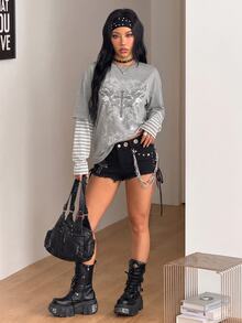 Coolane 女款秋冬街頭休閒嘻皮學院風搖滾龐克哥德棉質印花寬鬆長版上衣 - 深灰色 - 查看 5