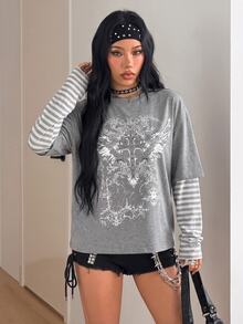 Coolane 女款秋冬街頭休閒嘻皮學院風搖滾龐克哥德棉質印花寬鬆長版上衣 - 深灰色 - 查看 3