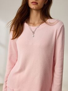 Lowkey Lull Conjunto de pijama de manga larga minimalista y casual en color rosa para mujer - Rosa - Ver 6