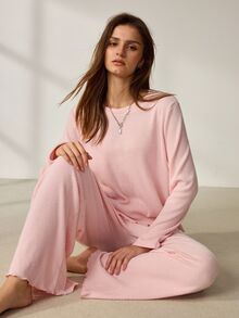 Lowkey Lull Conjunto de pijama de manga larga minimalista y casual en color rosa para mujer - Rosa - Ver 1