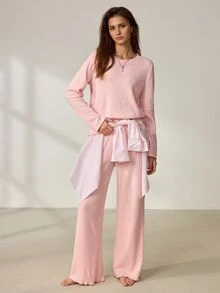 Lowkey Lull Conjunto de pijama de manga larga minimalista y casual en color rosa para mujer - Rosa - Ver 2