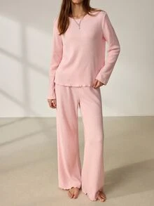 Lowkey Lull Conjunto de pijama de manga larga minimalista y casual en color rosa para mujer - Rosa - Ver 5