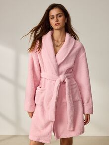 Lowkey Lull Women's Fashionable Minimalist Comfortable Pink Plush Short Lapel Robe - Pink - View 4