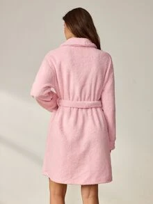 Lowkey Lull Women's Fashionable Minimalist Comfortable Pink Plush Short Lapel Robe - Pink - View 2