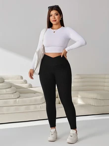 Solflare Plus Size Autumn/Winter Casual Versatile Solid Color Leggings - Black - View 6