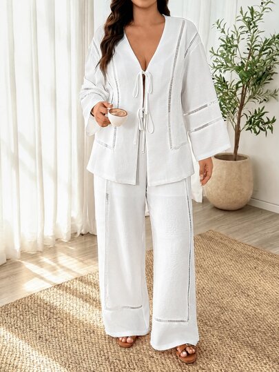 Weeklong Conjunto de chaqueta y pantalones de tela para mujer talla grande con decoración de lazo y encaje, 2 piezas