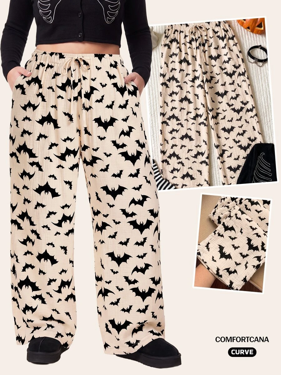 Comfortcana Halloween Cotton Bat Print Plus Size Lounge Pants - Apricot - View 1