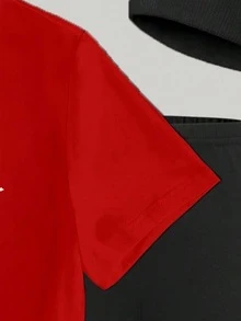SHEIN 女童休閒時尚清爽豹紋蝴蝶結櫻桃趣味字母印花短袖T恤搭配內搭褲套裝，適合日常舒適穿著 - 彩色 - 查看 6
