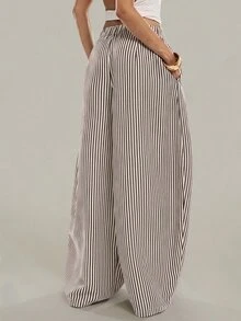 SHEIN Tall 藍白條紋寬腿長褲，適合高個女性，時尚休閒，適用於工作、度假與日常，秋季款 - 杏色 - 查看 10