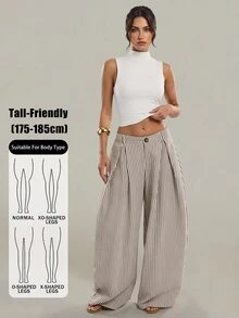 SHEIN Tall 藍白條紋寬腿長褲，適合高個女性，時尚休閒，適用於工作、度假與日常，秋季款 - 杏色 - 查看 2