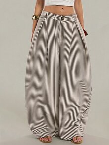 SHEIN Tall 藍白條紋寬腿長褲，適合高個女性，時尚休閒，適用於工作、度假與日常，秋季款 - 杏色 - 查看 9