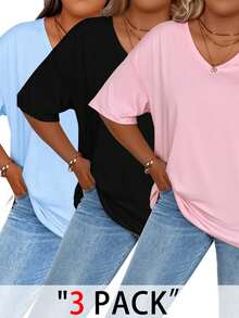 EMERY ROSE Plus Size Solid Half Sleeve T-Shirt, Casual V Neck T-Shirt For Summer, Women's Plus Size Clothing Graphic Tees Women Tops - Multicolor - View 1