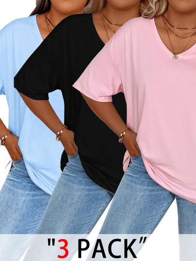 EMERY ROSE Plus Size Solid Half Sleeve T-Shirt, Casual V Neck T-Shirt For Summer, Women's Plus Size Clothing Graphic Tees Women Tops