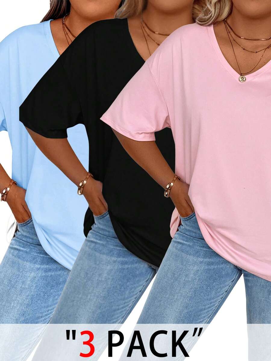 EMERY ROSE Plus Size Solid Half Sleeve T-Shirt, Casual V Neck T-Shirt For Summer, Women's Plus Size Clothing Graphic Tees Women Tops - Multicolor - View 1