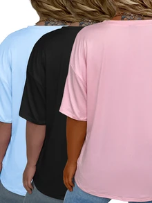 EMERY ROSE Plus Size Solid Half Sleeve T-Shirt, Casual V Neck T-Shirt For Summer, Women's Plus Size Clothing Graphic Tees Women Tops - Multicolor - View 2