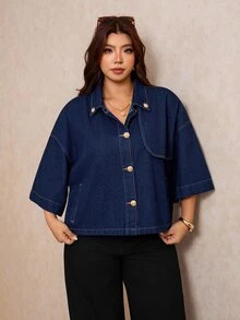 Elaquor 大尺碼女款落肩 3/4 袖單排扣寬鬆休閒牛仔上衣，百搭奢華優雅，適合派對、約會，秋季冬季穿搭，風衣風格 - 藍色 - 查看 7
