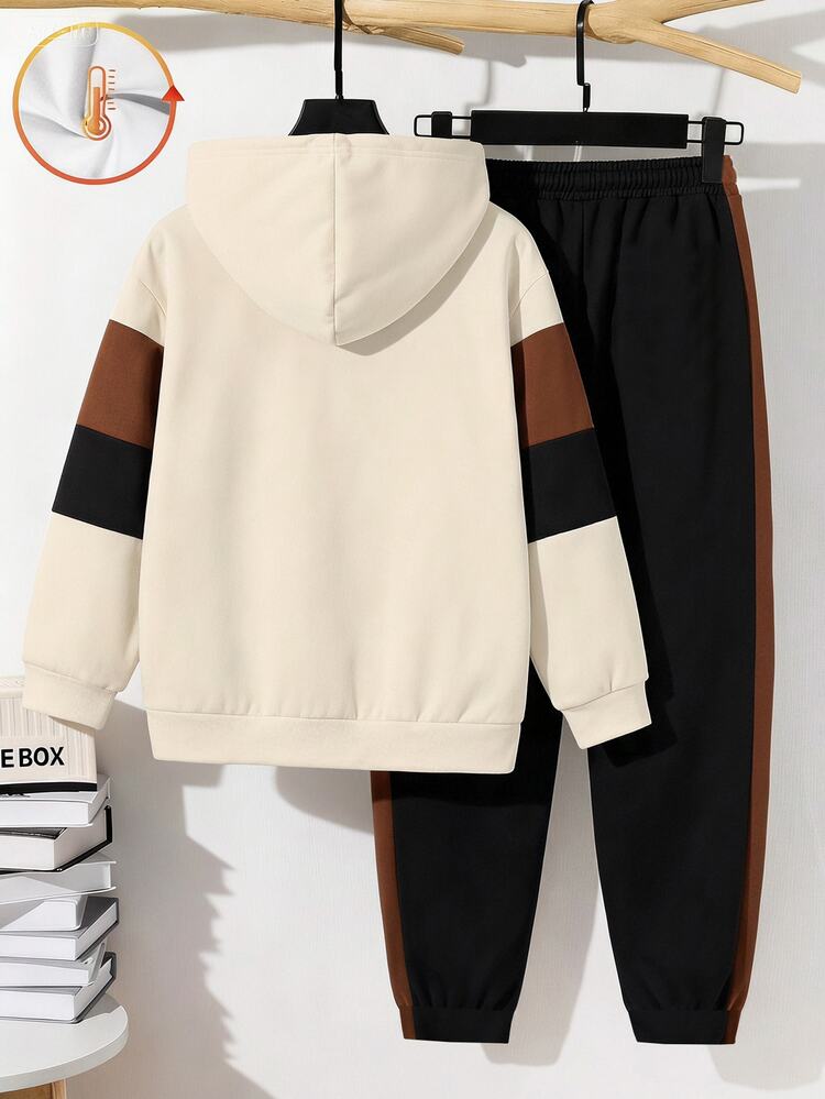 Teen Boy Casual Minimalist Long Sleeve Comfortable Hoodie & Pants 2 Pieces Set Suitable For Autumn/Winter Matching Set Vacation Squishy Comfortable - Multicolor - View 2