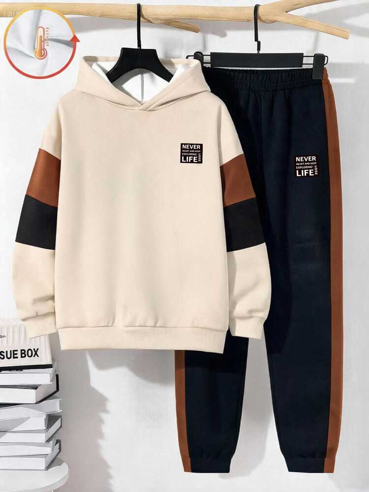 Teen Boy Casual Minimalist Long Sleeve Comfortable Hoodie & Pants 2 Pieces Set Suitable For Autumn/Winter Matching Set Vacation Squishy Comfortable - Multicolor - View 5