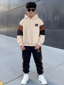 Teen Boy Casual Minimalist Long Sleeve Comfortable Hoodie & Pants 2 Pieces Set Suitable For Autumn/Winter Matching Set Vacation Squishy Comfortable - Multicolor - View 2