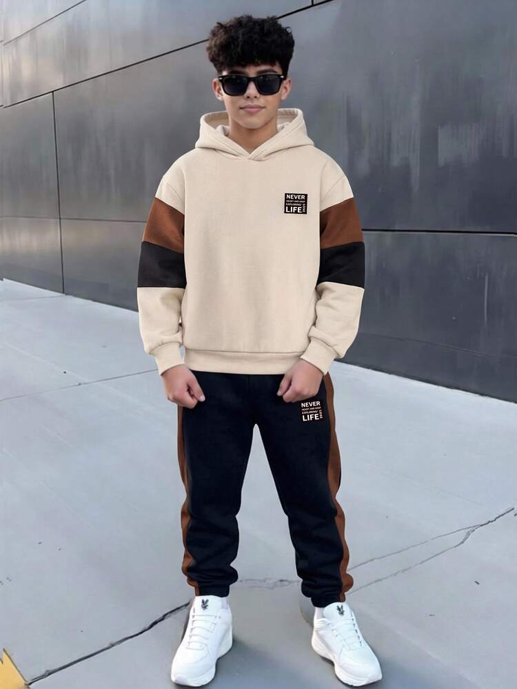 Teen Boy Casual Minimalist Long Sleeve Comfortable Hoodie & Pants 2 Pieces Set Suitable For Autumn/Winter Matching Set Vacation Squishy Comfortable - Multicolor - View 1