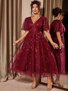 Cravure Vestido elegante de fiesta rojo de talla grande con cuello en V, malla y volantes con lentejuelas en el bajo - Burdeos - Ver 8