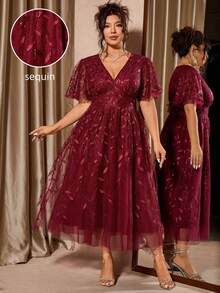 Cravure Vestido elegante de fiesta rojo de talla grande con cuello en V, malla y volantes con lentejuelas en el bajo - Burdeos - Ver 4